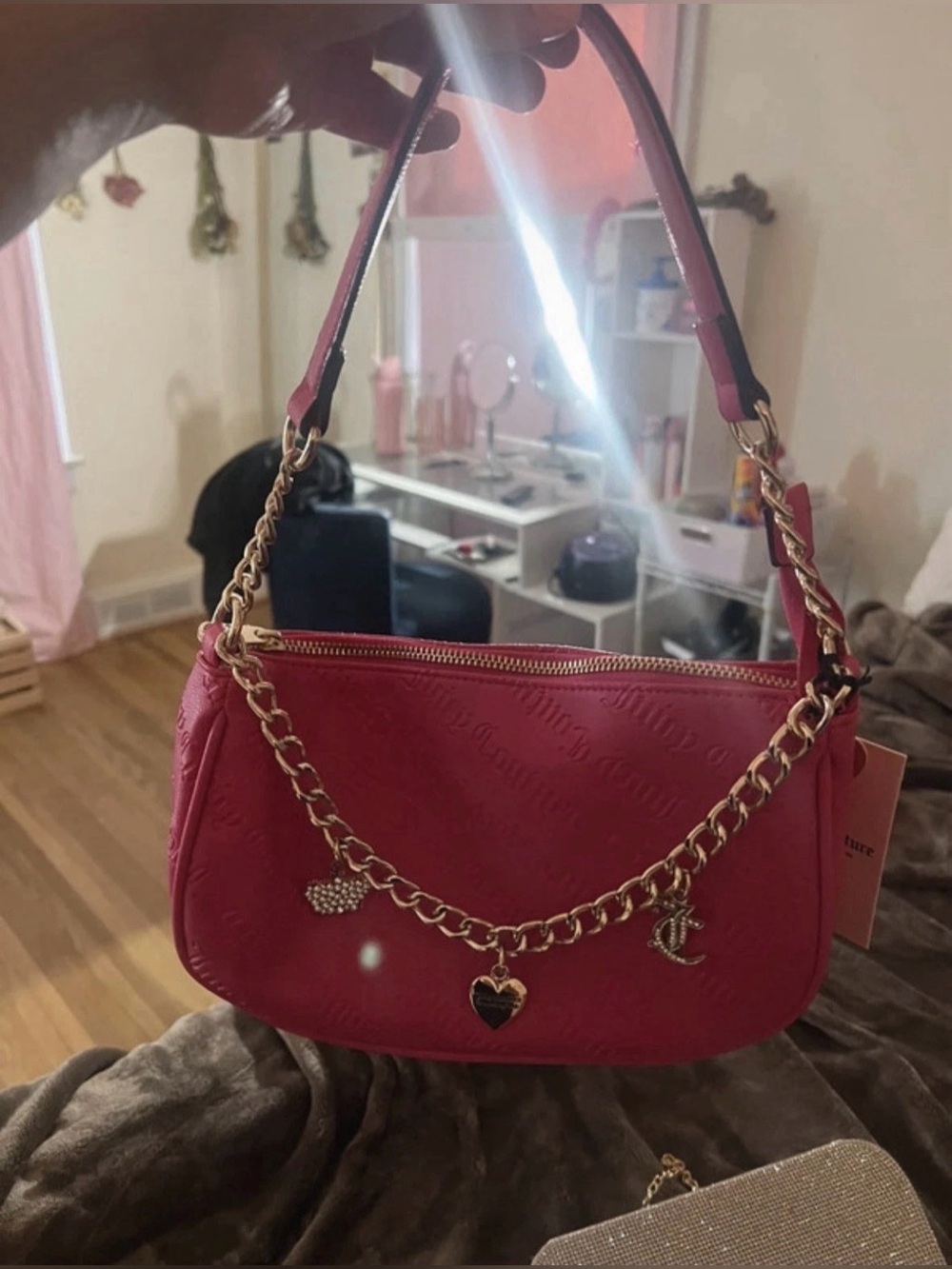 Juicy Couture Bright Pink Charm Shoulder Bag with Gold Chain
